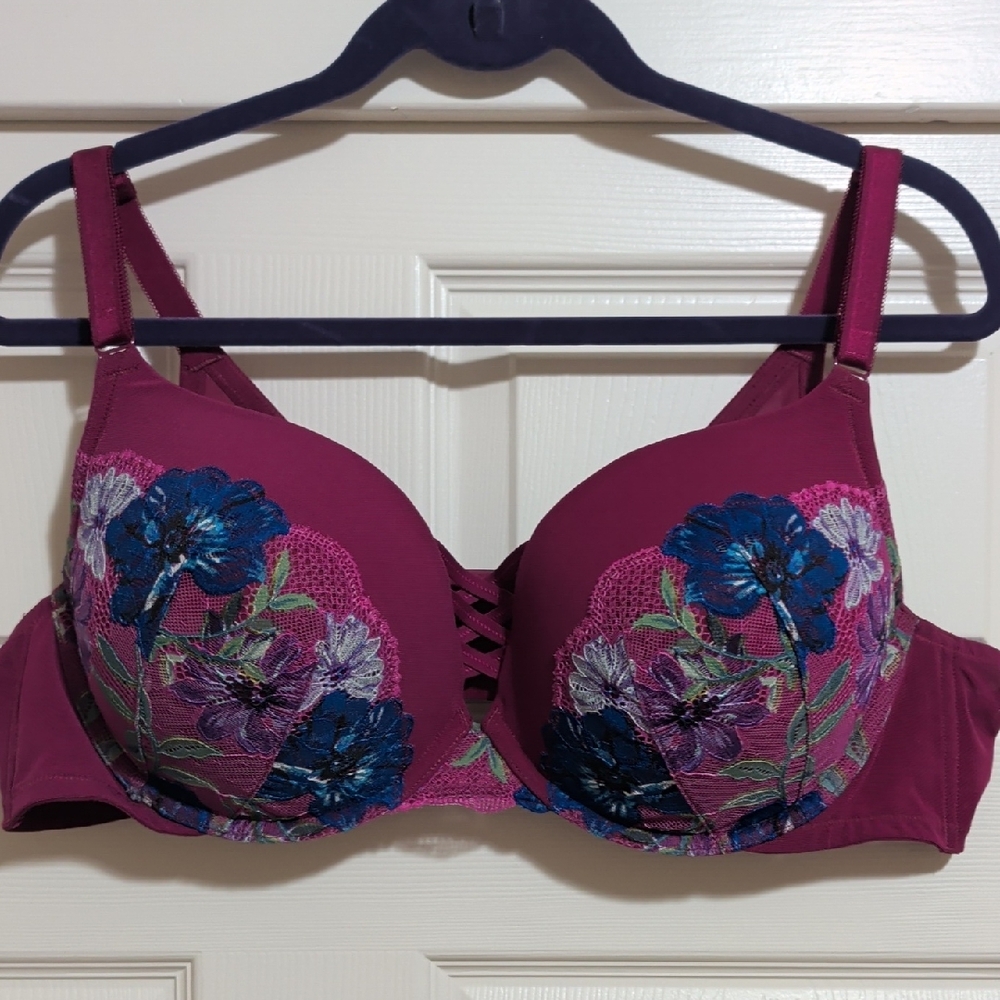 Torrid Magenta Bra with Blue Floral Embroidery
